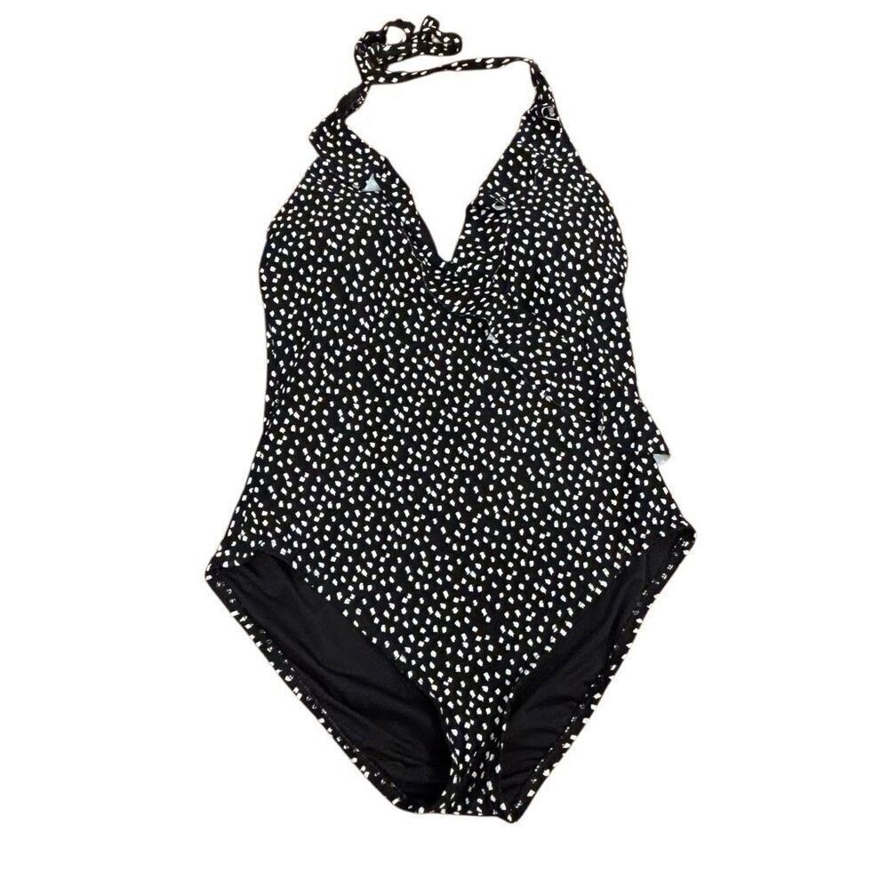 Loft Beach One Piece Swimsuit Black White Ruffled V-Neck Size M